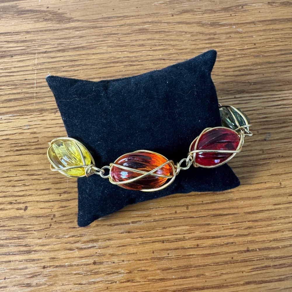 Artisan Wire Wrapped Plastic Bead Rainbow‎ Bracelet Gold Tone Multi Color